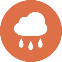 A white cloud releasing three drops of rain on a rust-colored field